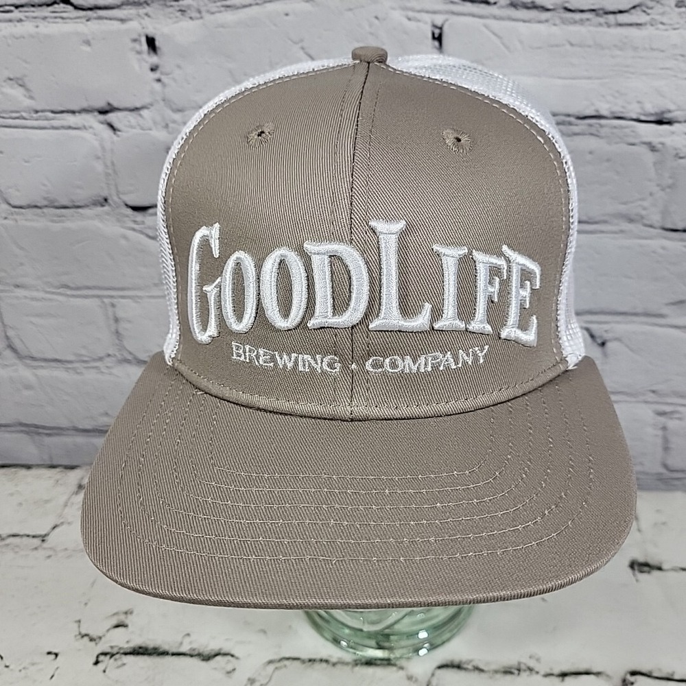 Good Life Trucker Hat Mens OS Snapback PNW Brewing Co Bend Oregon Tan And‎ White